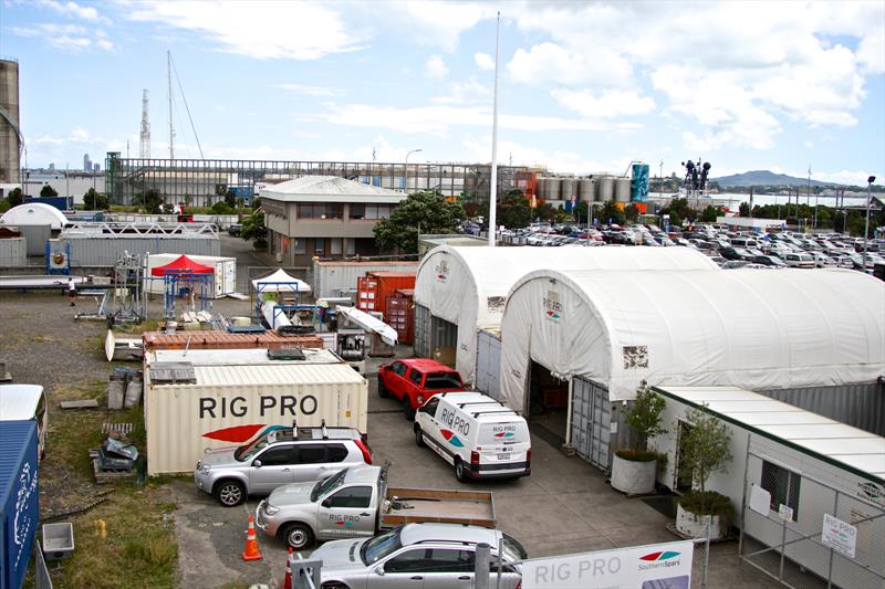Superyacht rig servicing area with Emirates Team NZ office behind and Wynyard basin at top right - Site 18, Beaumont Street, Auckland - photo © Richard Gladwell