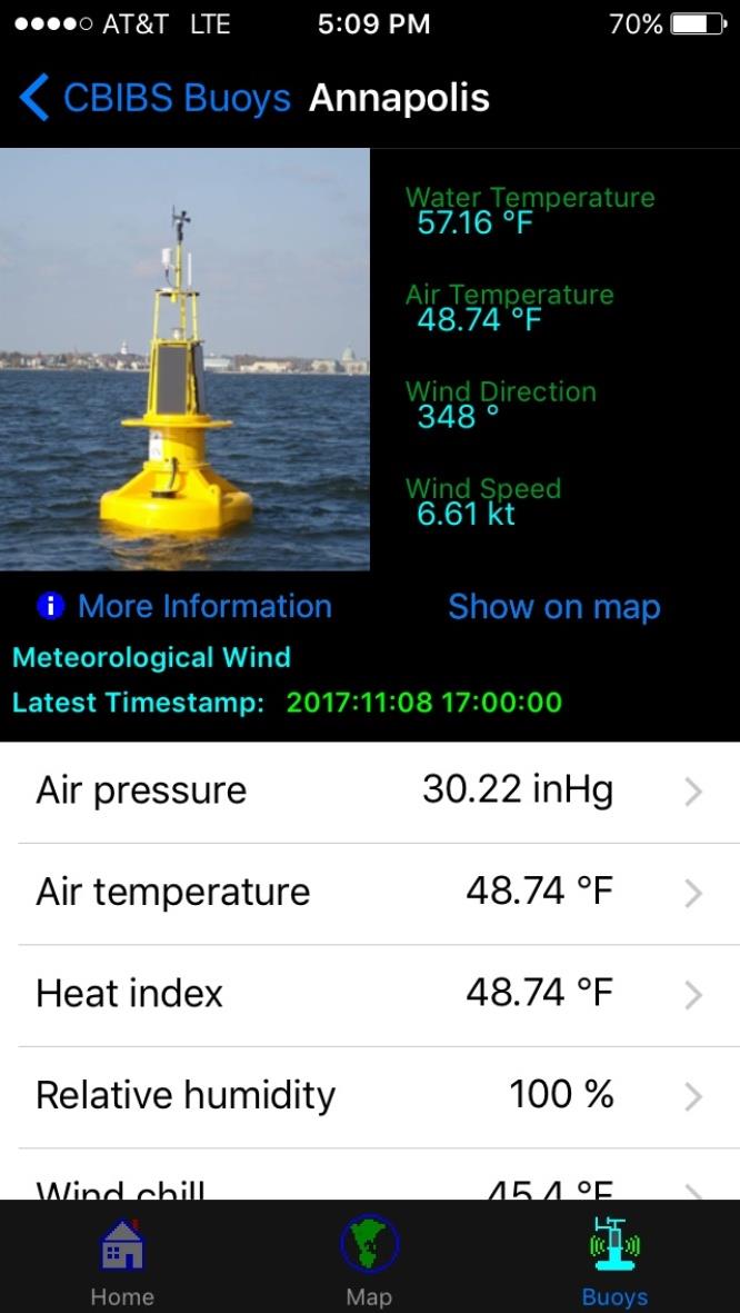 A screenshot of the CBIBS app, showing water/air temperature, wind speed and direction, and more photo copyright NOAA Fisheries taken at  and featuring the Cruising Yacht class