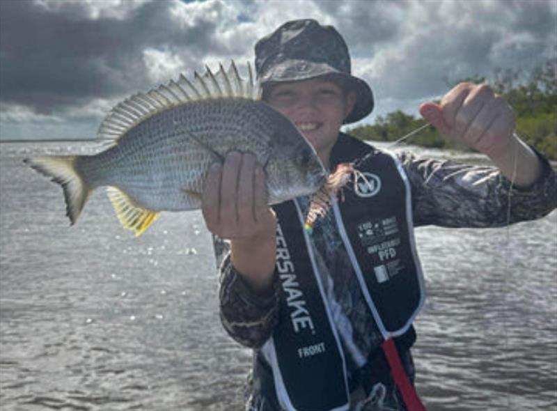 Yellowfin bream are on the move out of our estuaries. This one snatched a Chasebaits flick prawn meant for larger quarry photo copyright Fisho's Tackle World taken at  and featuring the Fishing boat class