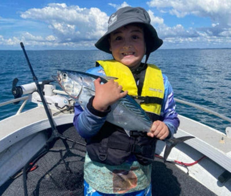 Evan Reader was chuffed with this Hervey Bay mac tuna. Well done young fella - photo © Fisho's Tackle World