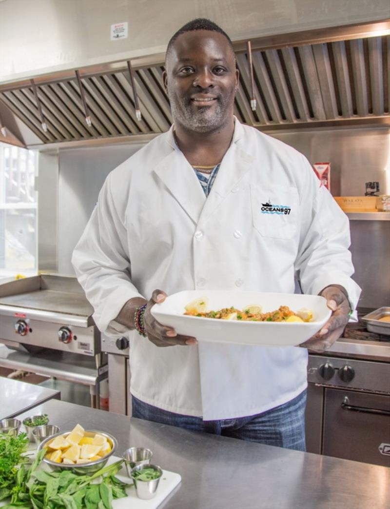 Former New England Patriots Defensive Lineman Jarvis Green will be cooking up his Oceans 97 Shrimp at this year's Providence Boat Show photo copyright Oceans 97 taken at 