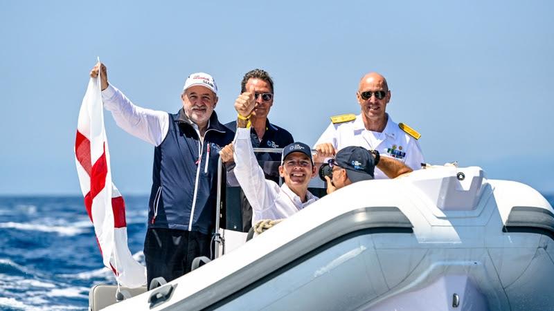 The Ocean Race VO65 Sprint Cup 2022-23 - 26 June 2023. WindWhisper Racing Team arriving in the first position to Genova, Italy. Arrival : 26/06/2023 10:27:52 UTC, Race time : 10d 23h 17min 52s. Richard Brisius and Mayor Marco Bucci photo copyright Sailing Energy / The Ocean Race taken at  and featuring the IMOCA class