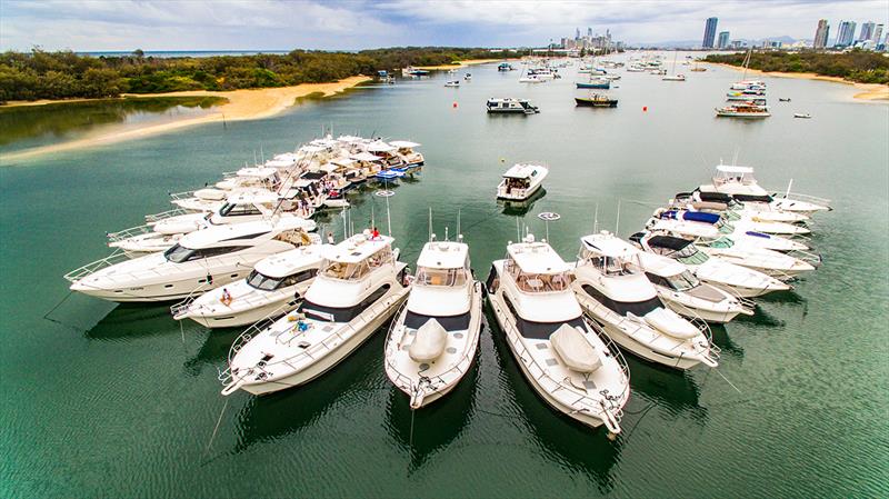On Queensland's Gold Coast Broadwater, the team at R Marine Jones hosted 26 Rivieras to create a spectacular horseshoe raft-up in a man-made bay called the Marine Stadium photo copyright Riviera taken at  and featuring the Power boat class
