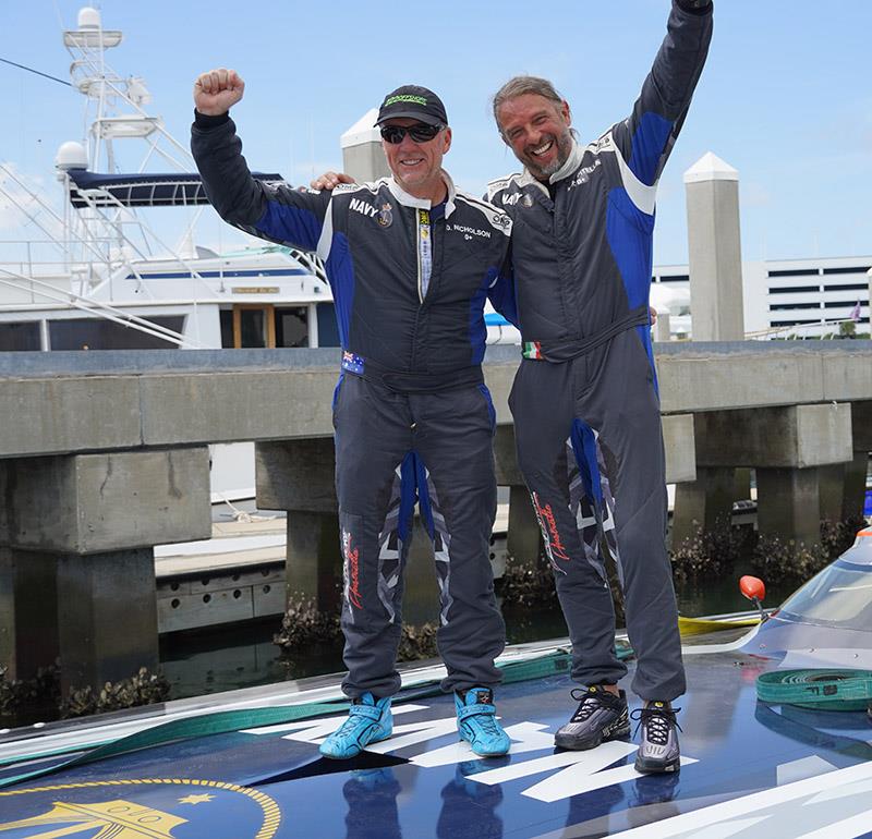 Darren Nicholson and Giovanni Carpitella celebrate a Class 1 victory photo copyright Andy Houldsworth taken at  and featuring the Power boat class