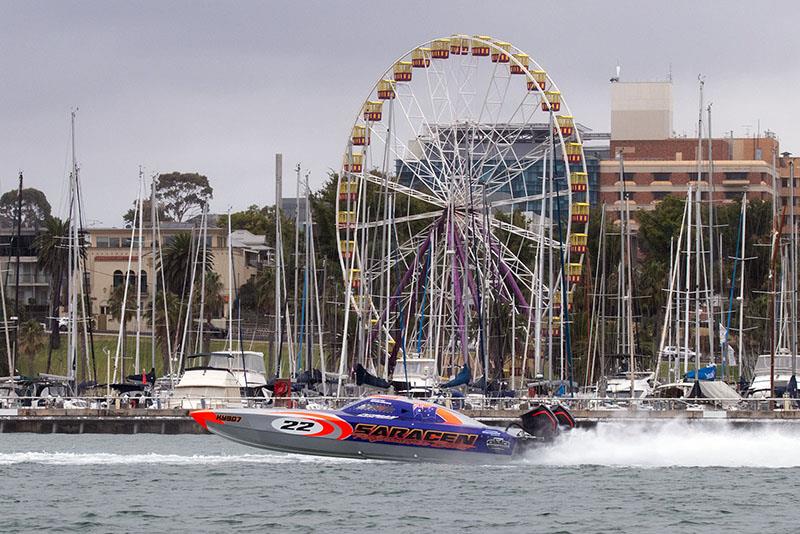 The Mantis blasts past Geelong's famous Ferris Wheel - 2024 Offshore Superboat Championship photo copyright Australian Offshore Powerboat Club taken at  and featuring the Power boat class