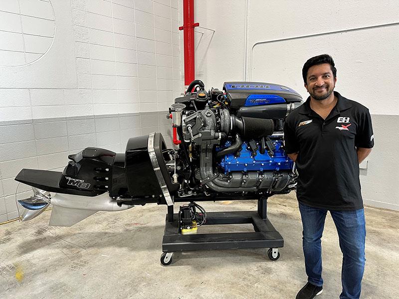 Azam Rangoonwala with the Mercury Racing 1100 Competition engine photo copyright Shelley Jory Leigh taken at  and featuring the Power boat class