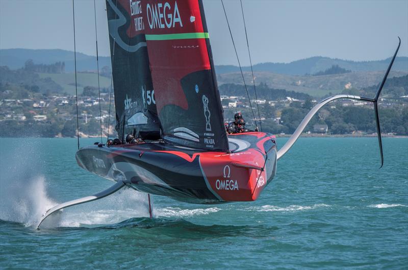 Emirates Team New Zealand's AC75 Te Aihe training off `The Paddock` their training ground east of the Waitemata Harbour photo copyright Emirates Team New Zealand taken at Royal New Zealand Yacht Squadron and featuring the AC75 class