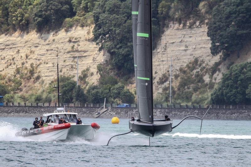 Intent looks from a packed chase boat indicate that Te Kahu is more than just a training boat for Emirates Team New Zealand - Waitemata Harbour - January 29, 2020 photo copyright Richard Gladwell / Sail-World.com taken at Royal New Zealand Yacht Squadron and featuring the AC75 class