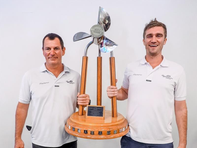 Australian National titles 2017 winners podium shot showing Tom Barry-Cotter and Steve Jellick photo copyright Maritimo taken at  and featuring the Catamaran class