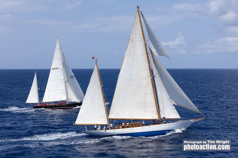 Saharet of Tyre and Bolero at the start line - Antigua Classic Yacht Regatta photo copyright Tim Wright / www.PhotoAction.com taken at Antigua Yacht Club and featuring the Classic Yachts class