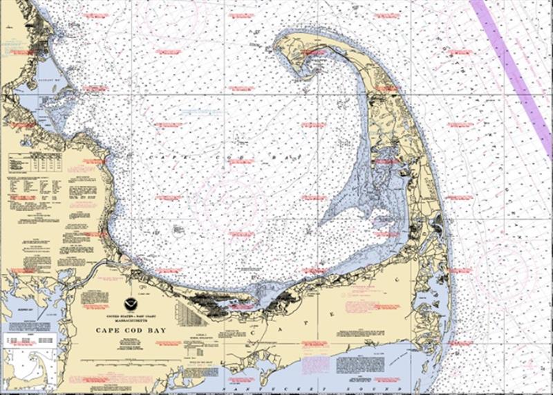 A NOAA nautical chart of Cape Cod Bay. Nautical charts and maps are essential to navigating safely out on the water. - photo © NOAA Fisheries
