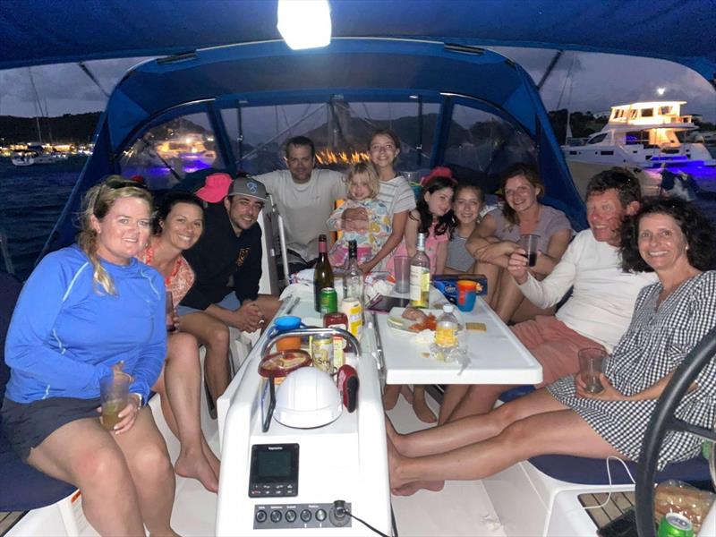 We had the Harvey Family   the rest of the Jeanneau Team over for dinner   happy hour. We grilled burgers and hotdogs. Who knew you could fit 14 people in the cockpit of the SO 410?  photo copyright Catherine Guiader taken at  and featuring the Cruising Yacht class