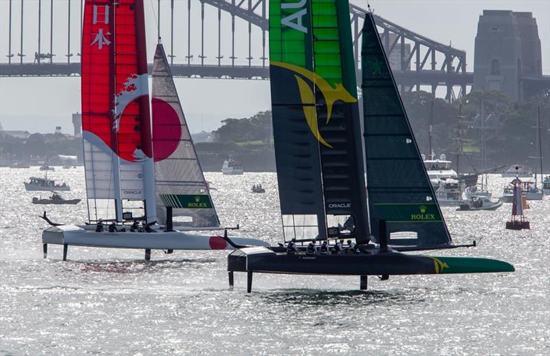 Team Japan & Team Australia powering across the Harbour - Sail GP Championship Sydney - photo © Crosbie Lorimer / Bow Caddy Media