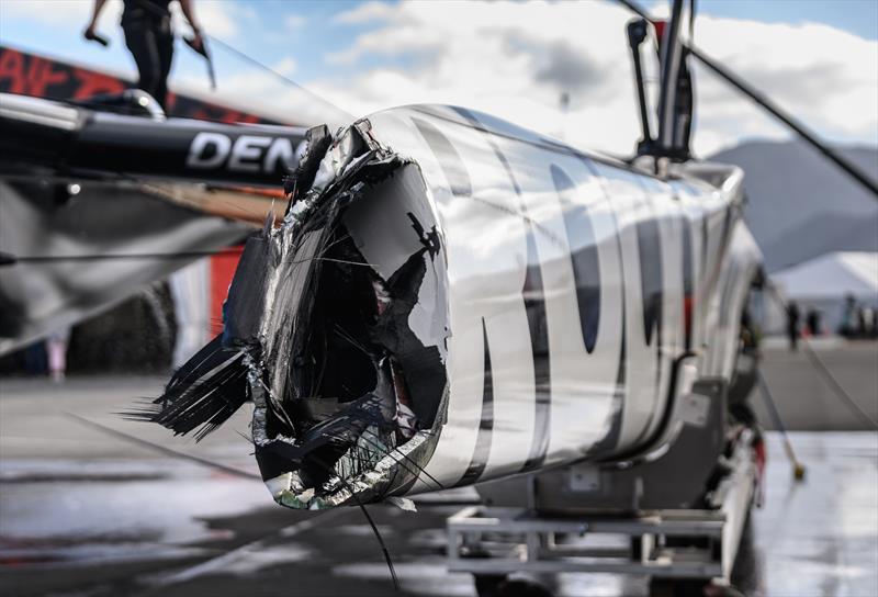 Damage to the bow of the Rockwo Denmark SailGP Team in the technical area after racing on Race Day 2 of the ITM New Zealand Sail Grand Prix in Christchurch,. March 24, 2024  photo copyright Ricardo Pinto/SailGP taken at Naval Point Club Lyttelton and featuring the F50 class