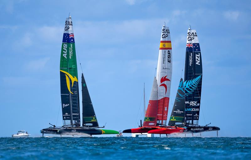 Spain SailGP Team helmed by Diego Botin New Zealand SailGP Team helmed by Peter Burling and Australia SailGP Team helmed by Tom Slingsby on Race Day 2 of the Apex Group Bermuda Sail Grand Prix in Bermuda photo copyright Samo Vidic for SailGP taken at  and featuring the F50 class