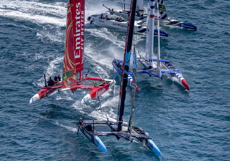 New Zealand SailGP Team in close racing action ahead of Emirates Great Britain SailGP Team, France SailGP Team and Germany SailGP Team on Race Day 2 of the Apex Group Bermuda Sail Grand Prix photo copyright Bob Martin for SailGP taken at  and featuring the F50 class