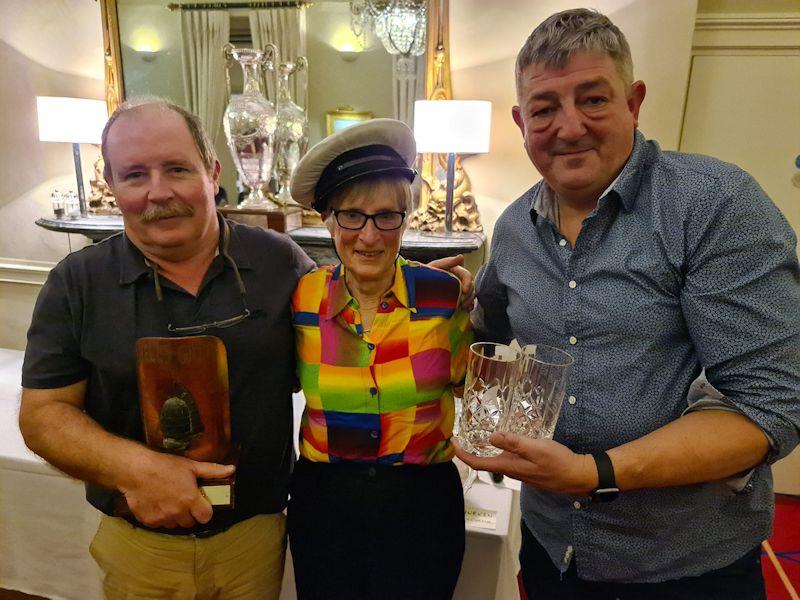 Joe Coughlan (L), Jill Fleming and Andrew Marshall (R), Endeavour Trophy (Dalkey Race) and 1st Overall Bronze Fleet, Hellgate Trophy - Dun Laoghaire Flying Fifteen fleet prize-giving 2022 photo copyright DBSC taken at Dublin Bay Sailing Club and featuring the Flying Fifteen class
