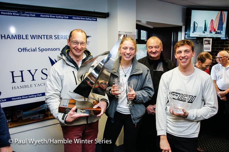 Simon Perry and crew with the Paul Heys Trophy (presented by Chaz Ivill) in the HYS Hamble Winter Series 2019 - photo © Paul Wyeth / www.pwpictures.com