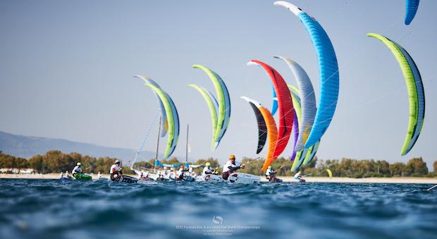 Awesome acceleration out of the start on Day 4 in Torregrande - IKA Kitefoiling Youth Worlds Torregrande 2022 photo copyright Robert Hajduk / IKA media taken at  and featuring the Kiteboarding class