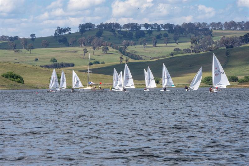 Malpas Dam's surrounds show their beauty as the monohull fleet awaiting the start at the last Thunderbolt regatta photo copyright Paulo Lagos taken at New England Sailing Club and featuring the ILCA 7 class