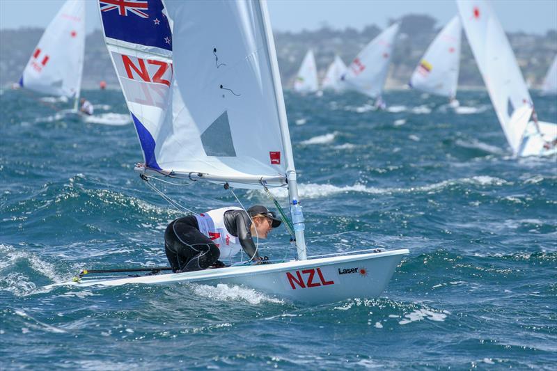 Olivia Christie (NZL) gybes at the leeward mark - 2016 AON Youth Worlds, Torbay sailing Club photo copyright Richard Gladwell taken at Torbay Sailing Club and featuring the ILCA 6 class