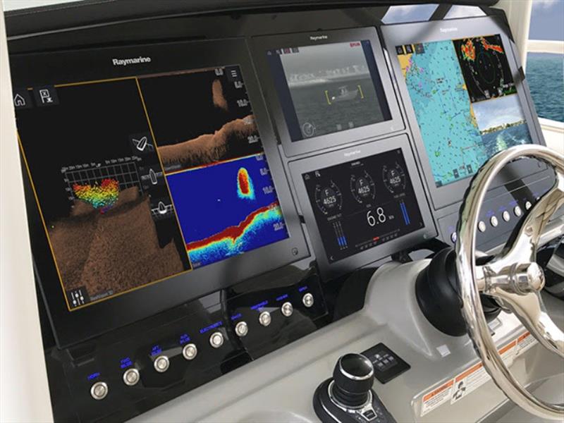 LightHouse 3 for eS and gS Series allows these MFDs to integrate with Axiom, Axiom Pro and RVX1000.  This helm has a mix of gS195 and Axiom 12RV displays seamlessly sharing all of their data, cameras and sensors. - photo © Raymarine