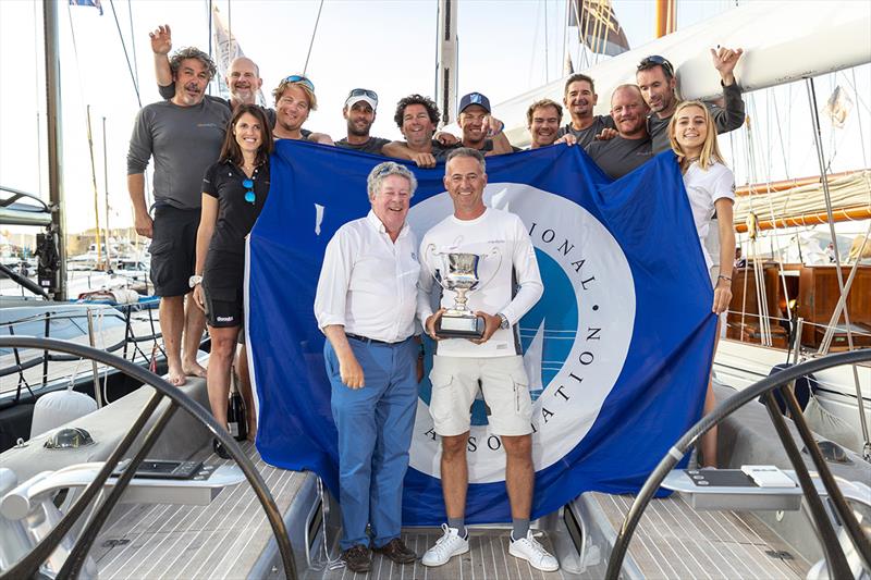 IMA Secretary General Andrew McIrvine presents Wallyño's Benoît de Froidmont and crew with the IMA Mediterranean Maxi Inshore Challenge trophy. - photo © Gianfranco Forza