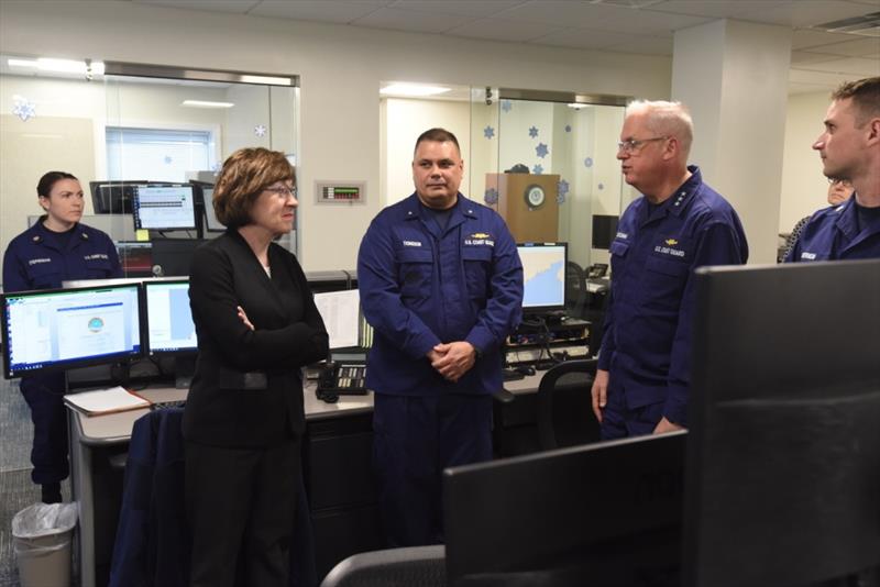 Sen. Susan Collins of Maine joins Vice Adm. Scott Buschman and Rear Adm. Andrew Tiongson on a tour of the new $2.3M command center at U.S. Coast Guard Sector Northern New England, located in Portland, Maine photo copyright Petty Officer 3rd Class Zachary Hupp taken at 