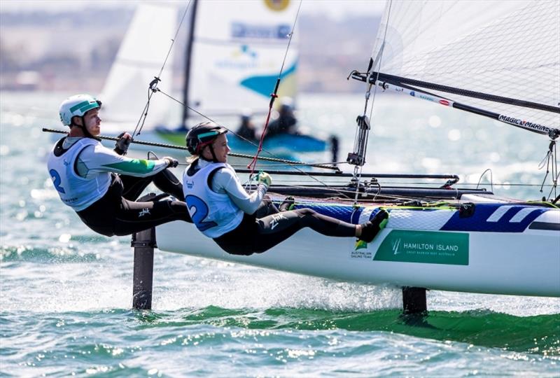 Nathan and Haylee Outteridge - 2020 49er, 49er FX & Nacra 17 World Championships, day 3 photo copyright Jesus Renedo / Sailing Energy taken at Royal Geelong Yacht Club and featuring the Nacra 17 class