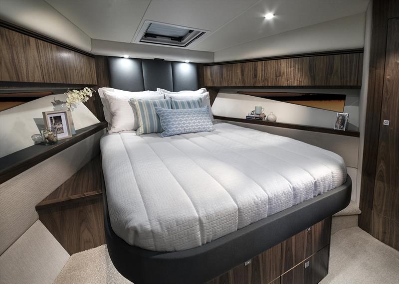 The forward master stateroom of the 4800 Sport Yacht is a luxurious retreat for her owners photo copyright Riviera Australia taken at  and featuring the Power boat class