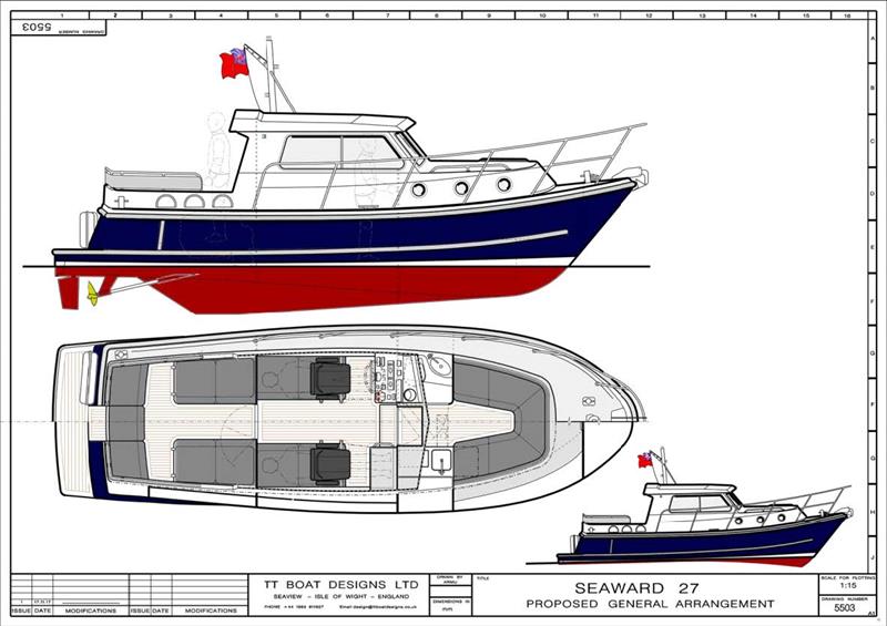 Profile and standard arrangement plan for the new Seaward 27 E18 motor cruiser photo copyright Seaward Boats taken at  and featuring the Power boat class