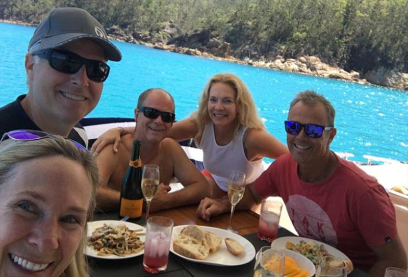 Alfresco dining – Diane, Mike, Erik and Tamara Nelson and skipper James Thorne photo copyright Riviera Australia taken at  and featuring the Power boat class