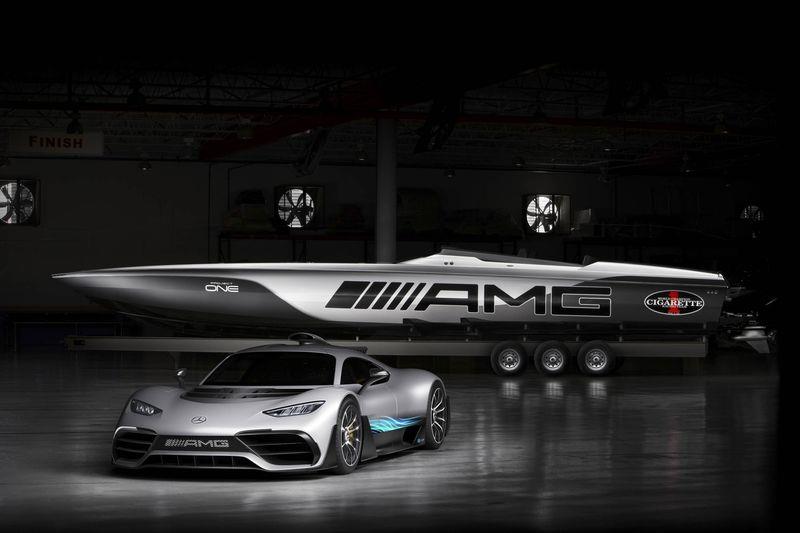 The $2 million racing boat, next to its inspiration, the Mercedes-AMG Project One hypercar photo copyright Mercedes-Benz taken at  and featuring the Power boat class