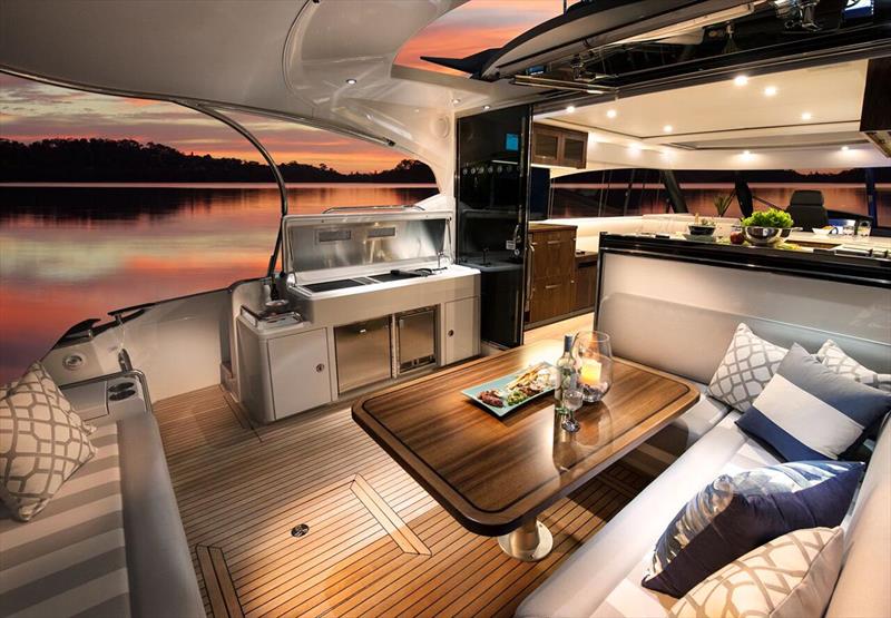 Seamless connection between the wide, comfortable cockpit of the 5400 Sport Yacht ands the luxurious interior - photo © Riviera Australia