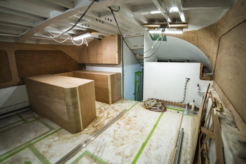 View of galley cabinetry buildout - photo © Bayliss Boatworks