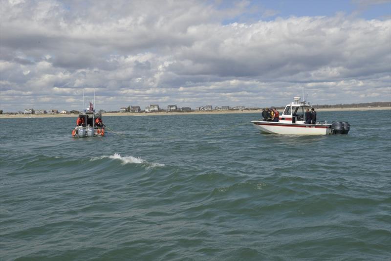 A 29-foot response boat crew from Station Point Judith shows members of the North Kingstown fire department how to set a tow line by towing their boat during a training evolution off the coast of Point Judith Thursday, April 19, 2018 photo copyright Petty Officer 3rd Class Nicole J. Groll taken at  and featuring the Power boat class