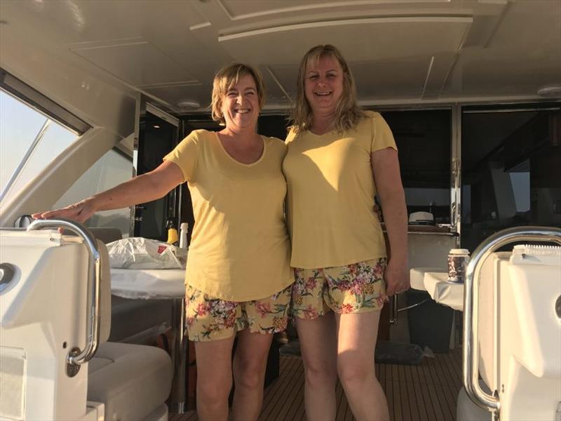 Cheryl with friend Tina for Tina's maiden voyage as a deputy ‘galley rat' photo copyright Riviera Australia taken at  and featuring the Power boat class
