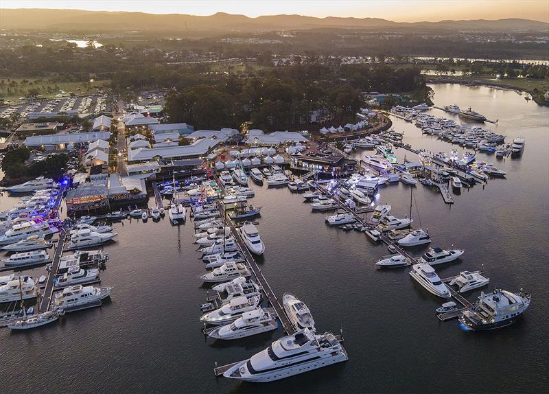 All ablaze - as the sun sets the lights come on at the Maritimo stand at the Sanctuary Cove Festival of Boating - photo © Maritimo