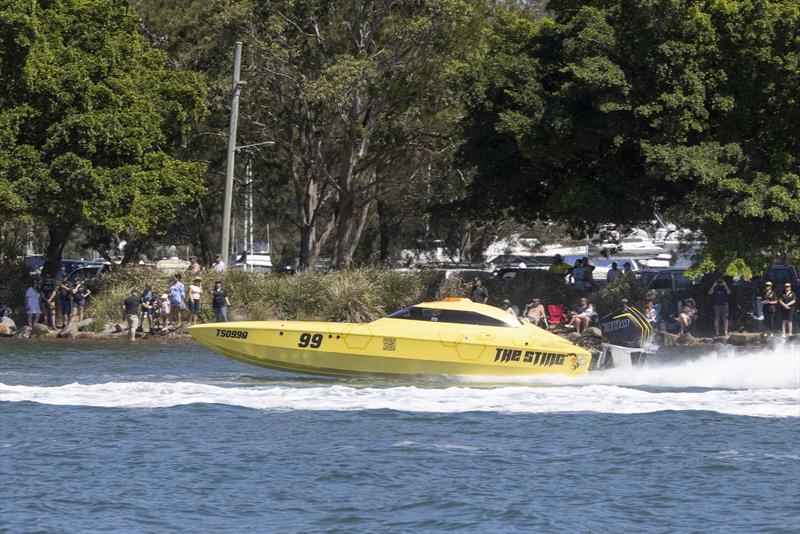 The Sting were trialling their new motors and ended up with one that was very much broken photo copyright Australian Offshore Powerboat Club taken at Lake Macquarie Yacht Club and featuring the Power boat class