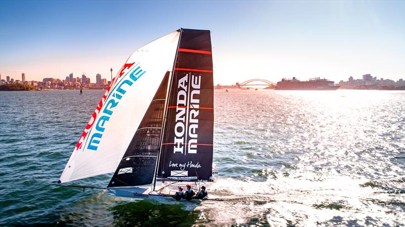 Dave McDiarmid, Matt Steven and Brad Collins - Honda Marine - JJ Giltinan 18ft Championships - March 2020 - Sydney Harbour photo copyright Michael Chittenden taken at Australian 18 Footers League and featuring the 18ft Skiff class