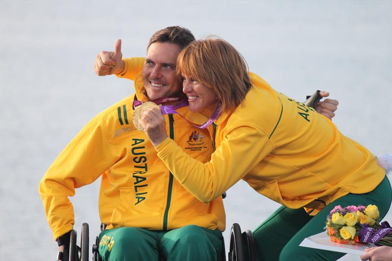 Daniel Fitzgibbon and Liesl Tesch after winning gold at London 2012 photo copyright onEdition taken at Weymouth & Portland Sailing Academy and featuring the SKUD 18 class