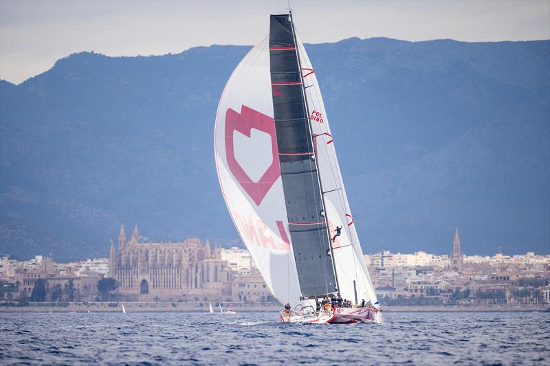 I love Poland approaching the finish line in front of the Palma Cathedral photo copyright María Muiña / PalmaVela taken at Real Club Náutico de Palma and featuring the Volvo 70 class